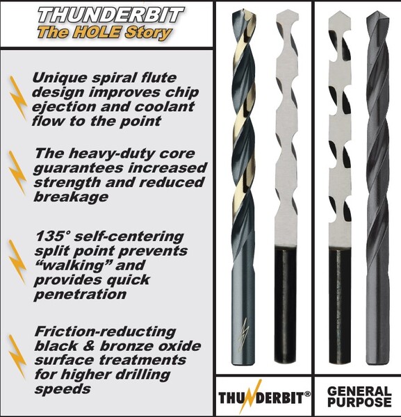 1/4 THUNDERBIT+ PREMIUM GRADE HSS JOBBER DRILL BITS W/3-FLATS